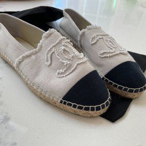 Chanel Espadrilles, cream and navy with cream branding, never worn.